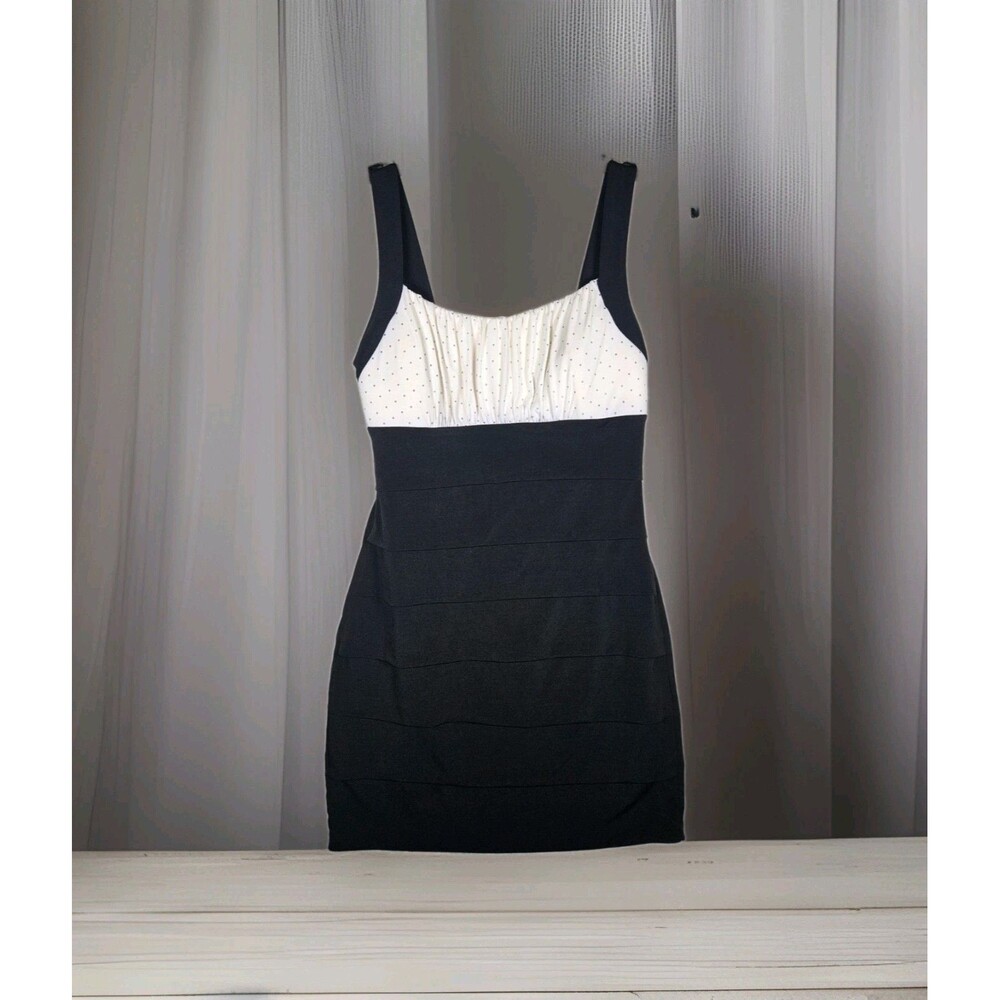 Sweet Storm Tiered Bodycon Mini Dress Size M Black Cream Polka Dot Y2k Clubwear